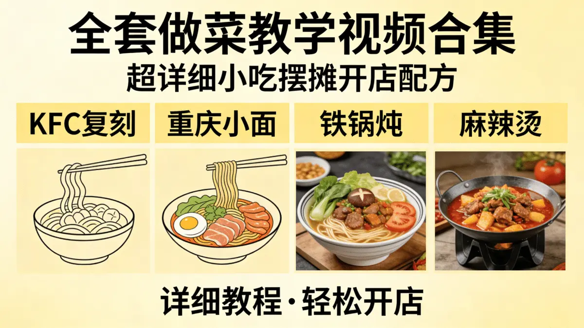 全套做菜教学视频合集：超详细小吃摆摊开店配方（含KFC复刻/重庆小面/铁锅炖/麻辣烫）