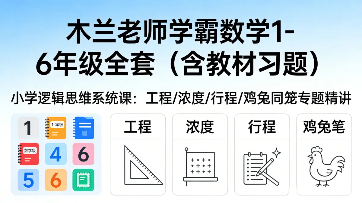 木兰老师学霸数学1-6年级全套（含教材习题）| 小学逻辑思维系统课：工程/浓度/行程/鸡兔同笼专题精讲