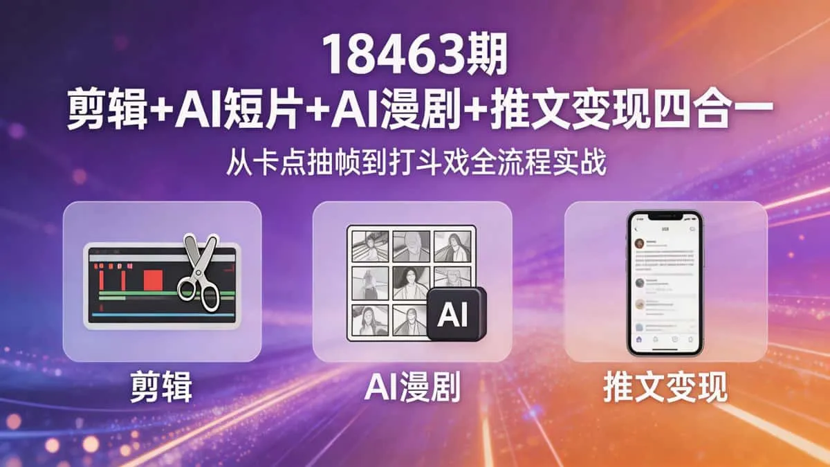（18463期）剪辑+AI短片+AI漫剧+推文变现四合一，从卡点抽帧到打斗戏全流程实战