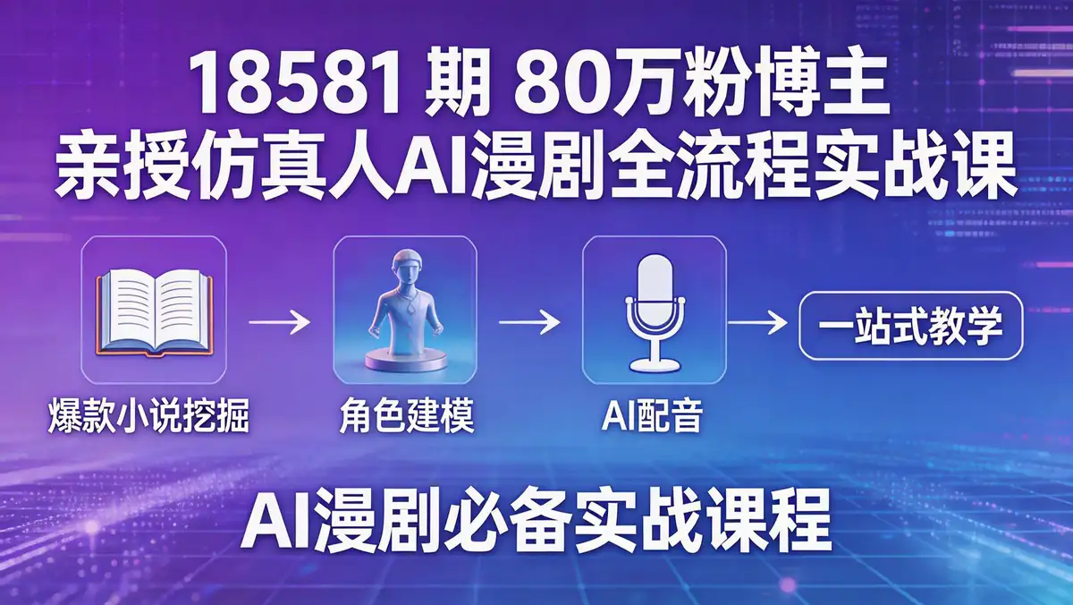 18581 期 80 万粉博主亲授仿真人 AI 漫剧全流程实战课：爆款小说挖掘到建模配音一站式教学