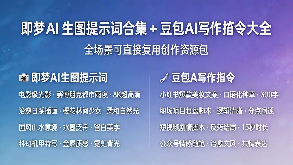 即梦 AI 生图提示词合集 + 豆包 AI 写作指令大全 | 全场景可直接复用创作资源包