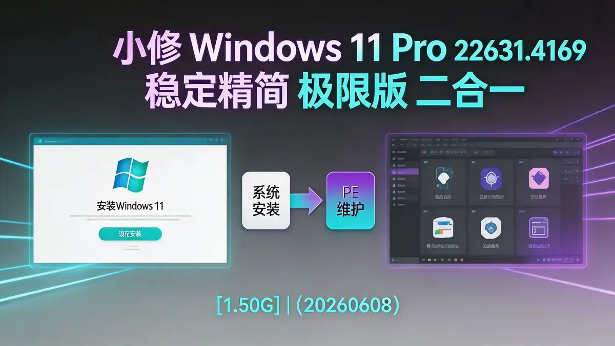 小 Windows 11 Pro <a href='https://520zyw.com/tag/22631-4169'>22631.4169</a> 稳定极限版 二合一系统【版本日期:20260608 | 体积 1.50G】插图 小 Windows 11 Pro <a href='https://520zyw.com/tag/22631-4169'>22631.4169</a> 稳定极限版 二合一系统【版本日期:20260608 | 体积 1.50G】