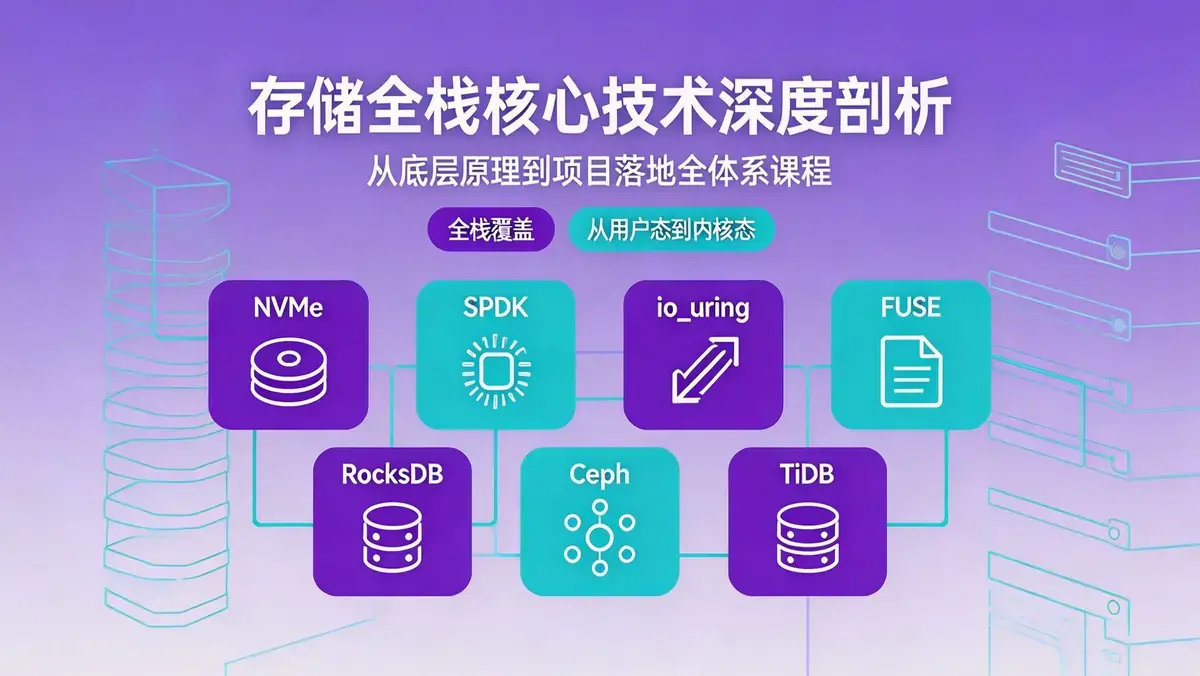 存储全栈核心技术深度剖析：<a href='https://www.sblzyw.com/tag/nvme'>nvme</a>/<a href='https://www.sblzyw.com/tag/spdk'>SPDK</a>/<a href='https://www.sblzyw.com/tag/io_uring'>io_uring</a>/<a href='https://www.sblzyw.com/tag/fuse'>fuse</a>/<a href='https://www.sblzyw.com/tag/rocksdb'>RocksDB</a>/<a href='https://www.sblzyw.com/tag/ceph'>ceph</a>/TiDB实战精讲