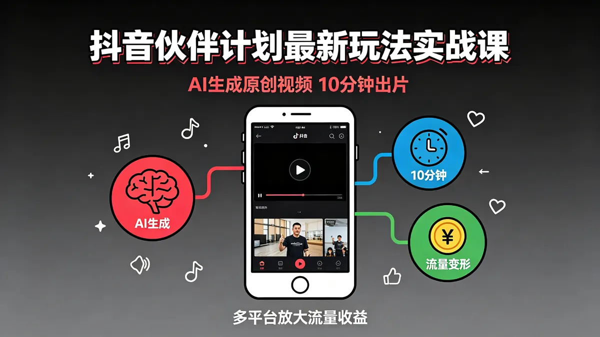 抖音伙伴计划最新玩法实战课|AI 生成原创视频 10 分钟出片 多平台放大流量收益 (1)
