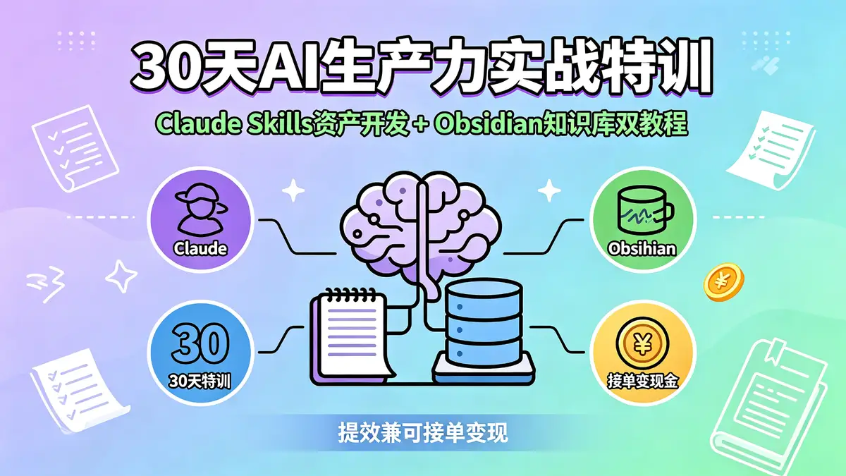 30 天 AI 生产力实战特训|<a href='https://www.sblzyw.com/tag/claude-skills'>Claude Skills</a> 资产开发 + <a href='https://www.sblzyw.com/tag/obsidian'>Obsidian</a> 知识库双教程 提效兼可接单变现 (1)