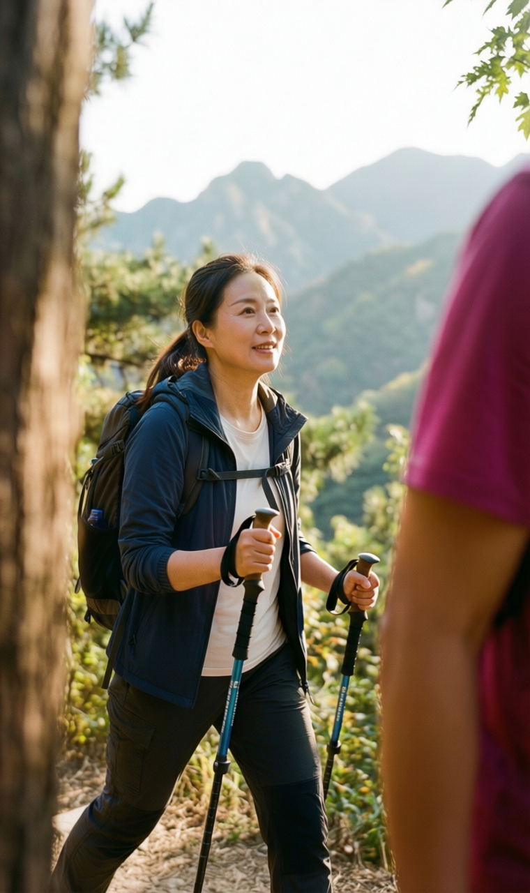 户外爱好者使用登山杖徒步